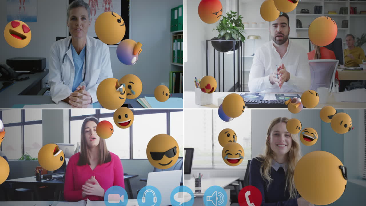 несколько эмодзи с лицами, плавающих на цифровом интерфейсе на экране с людьми, разговаривающими по видеозвонку