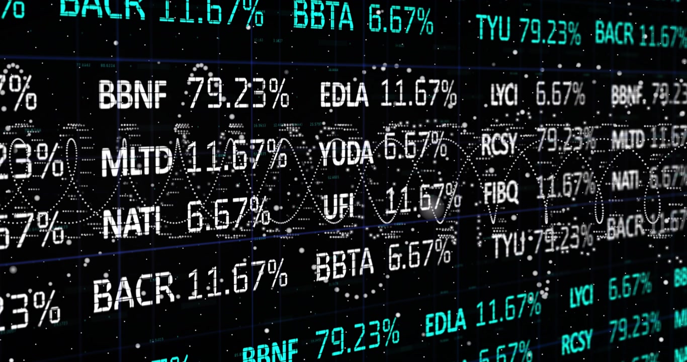 Incoming data feed driving digital ticker display updating rows, shifting percent, panning zooming