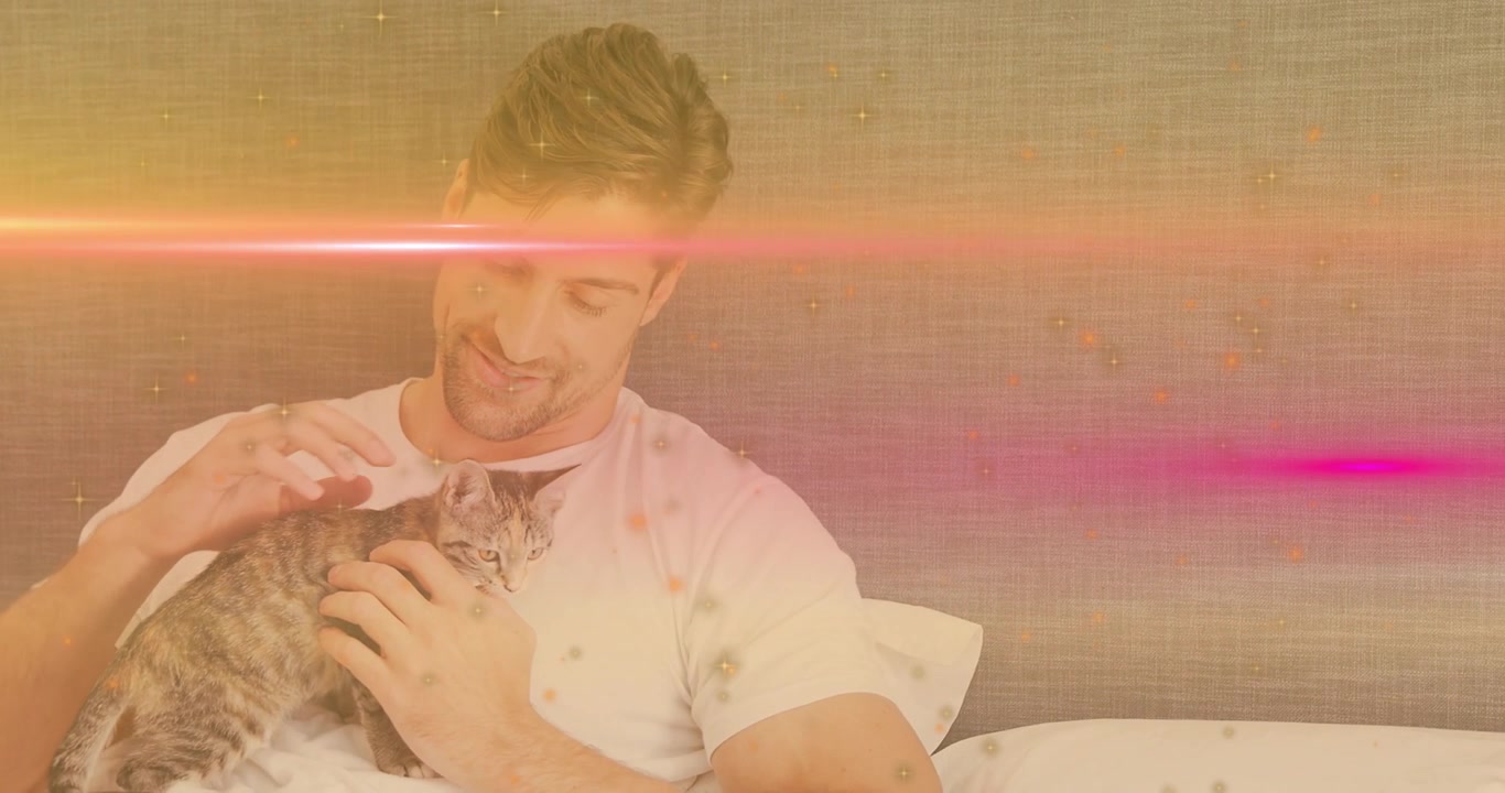 Man placing tabby cat on chest triggers animated heart icons floating around pet therapy scene