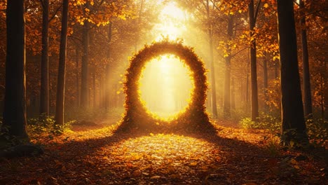 a magical portal of fall: sunlight streams through a circular archway of leaves in an enchanted forest, creating a breathtaking autumn scene captivating nature lovers