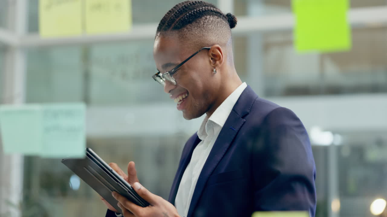 Man, tablet and smile in office for planning