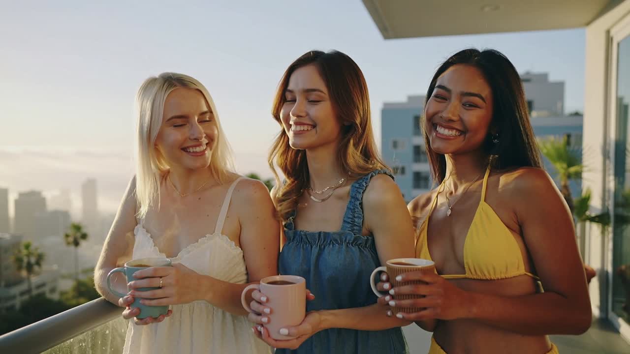 Tre amici sorridenti in abito estivo e top bikini che posano su un balcone sotto la luce dorata del sole, tenendo delle tazze.