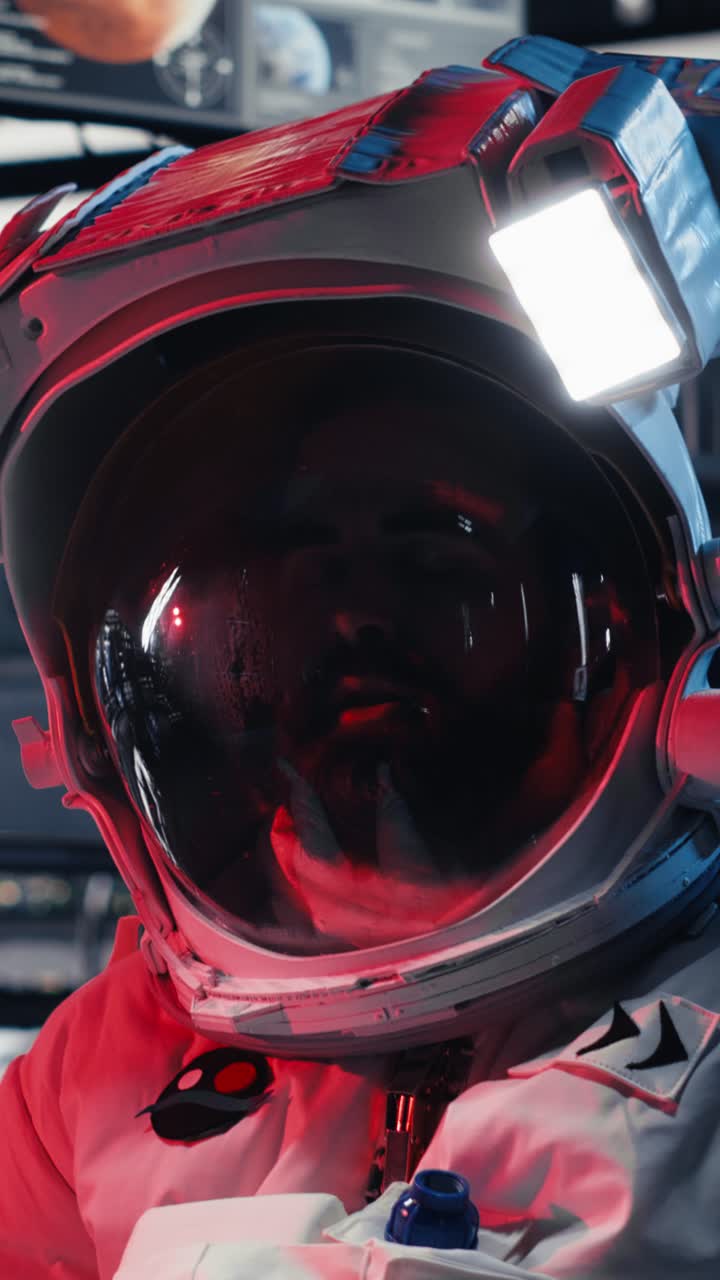 Vertical video Astronauts flying in starship exploring Mars, seeking extraterrestrial life