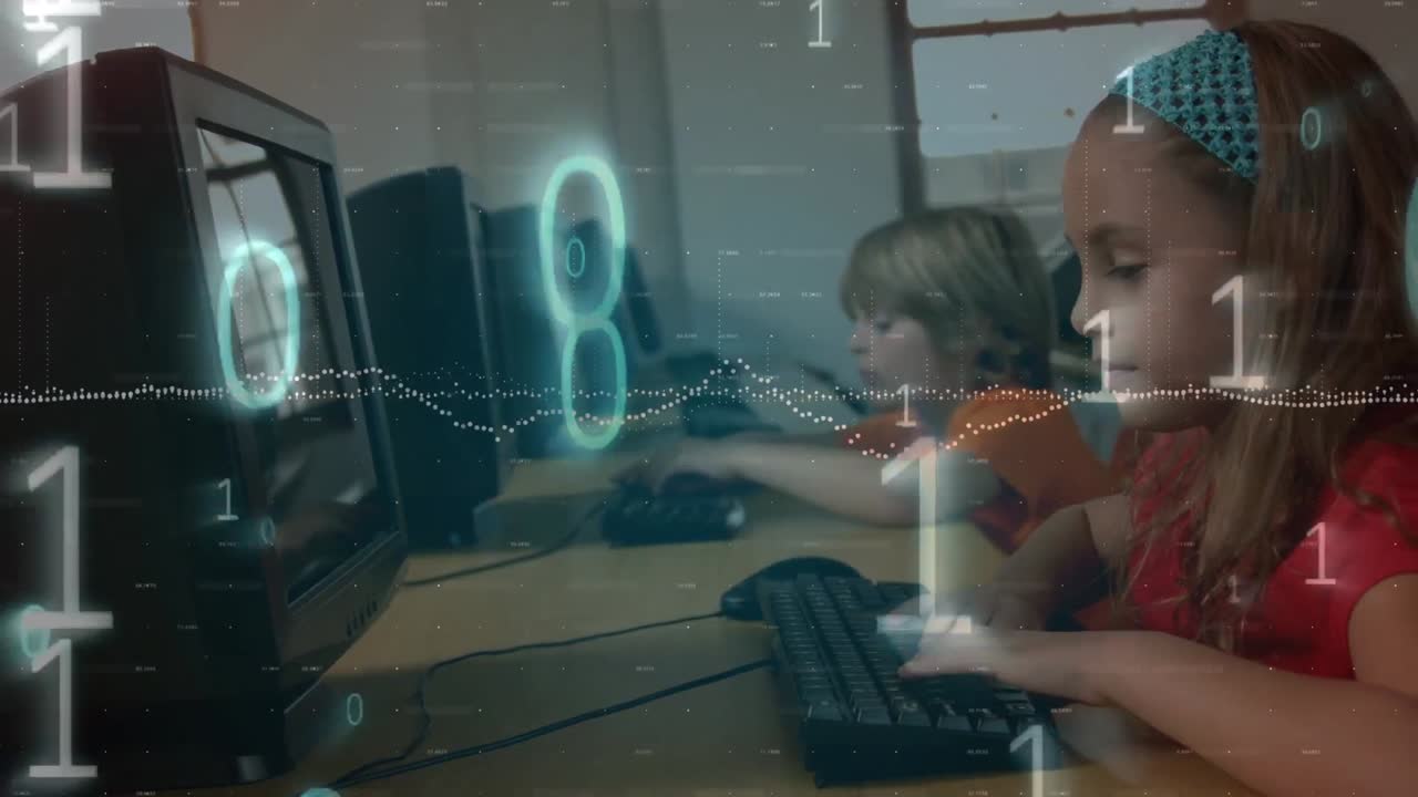 animación de procesamiento de datos y codificación binaria contra una niña caucásica que usa computadora en la escuela