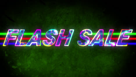 animation of colorful flash sale text with lines glowing over green background, copy space