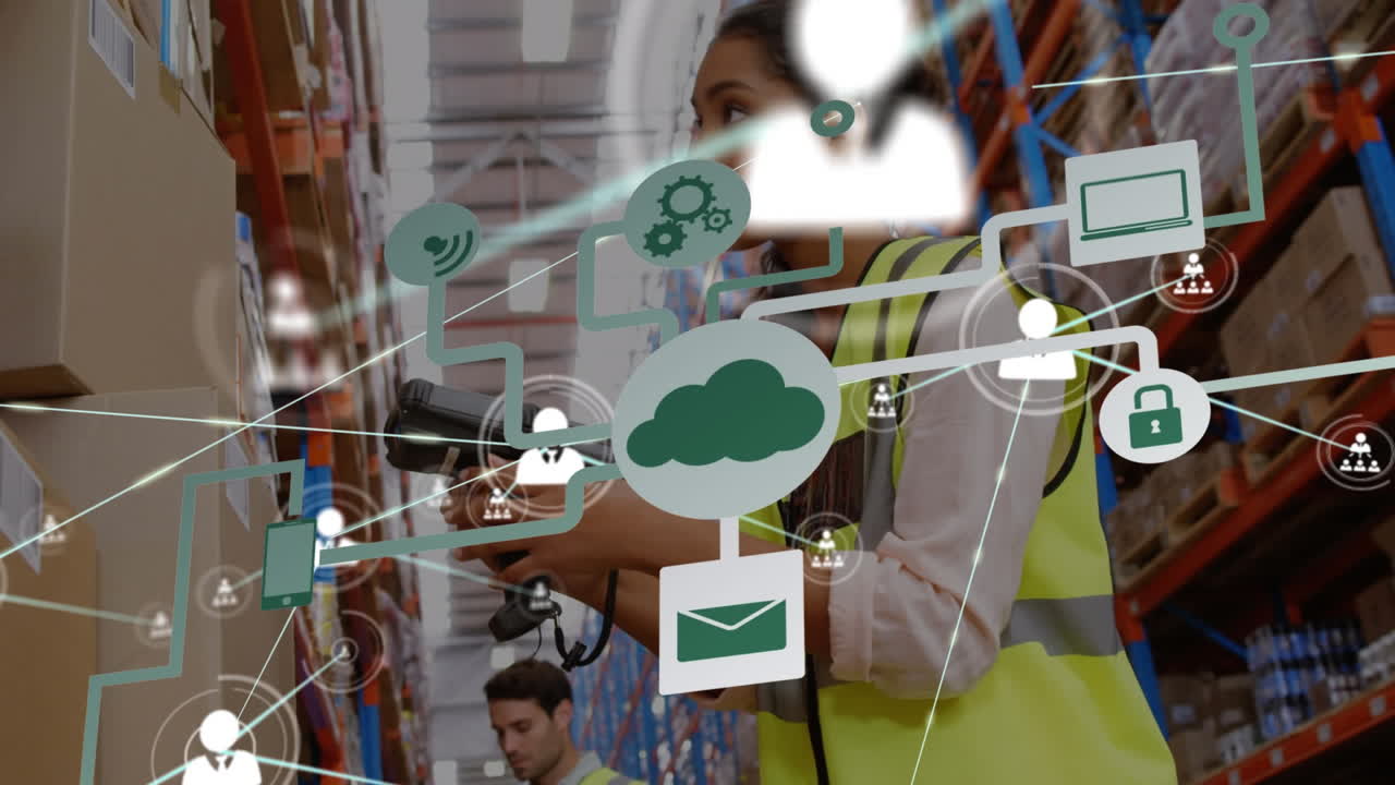 창고에서 일하는 남자와 여자에 대한 아이콘과 연결 네트워크의 애니메이션