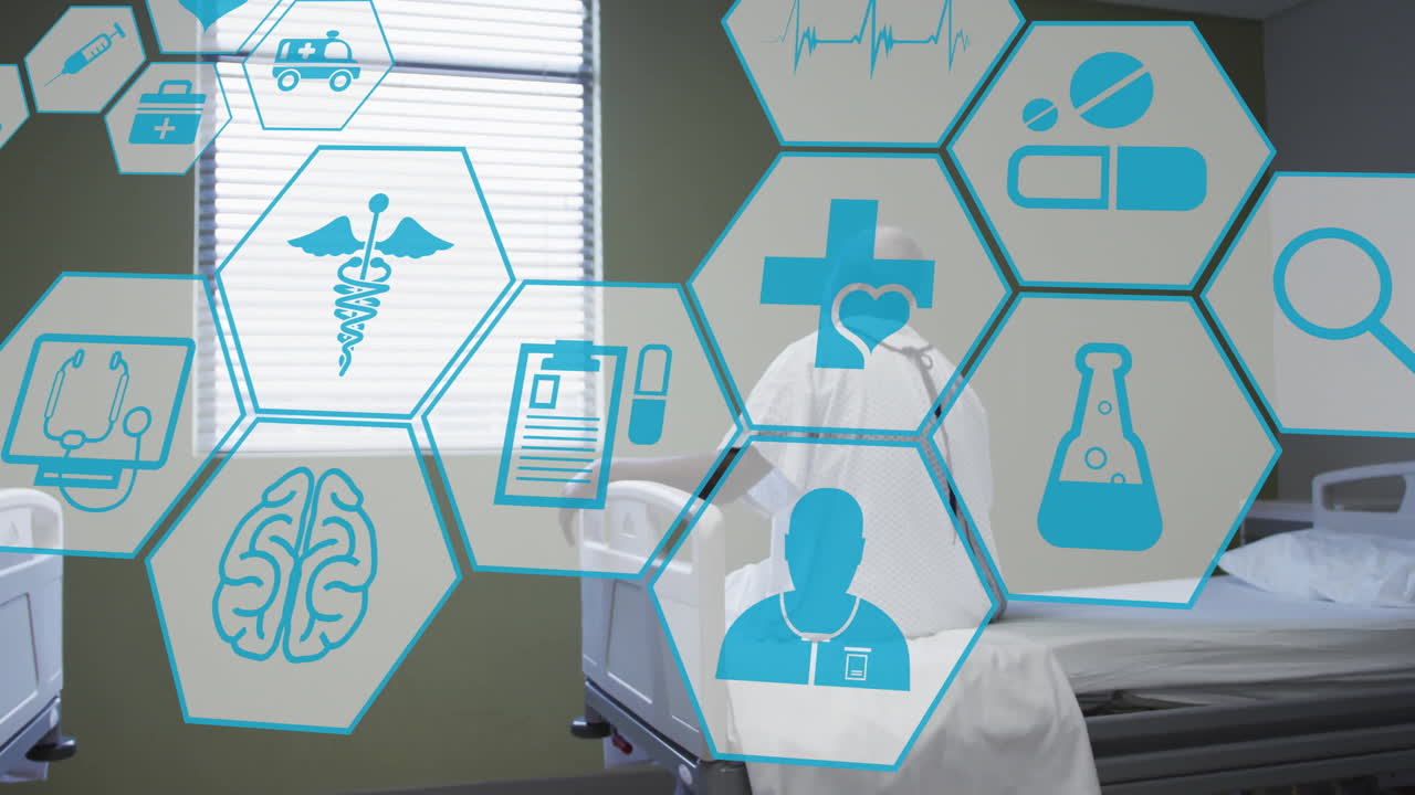 Animation of network of medical icons over african american man in hospital bed
