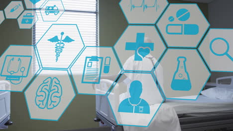 animation of network of medical icons over african american man in hospital bed