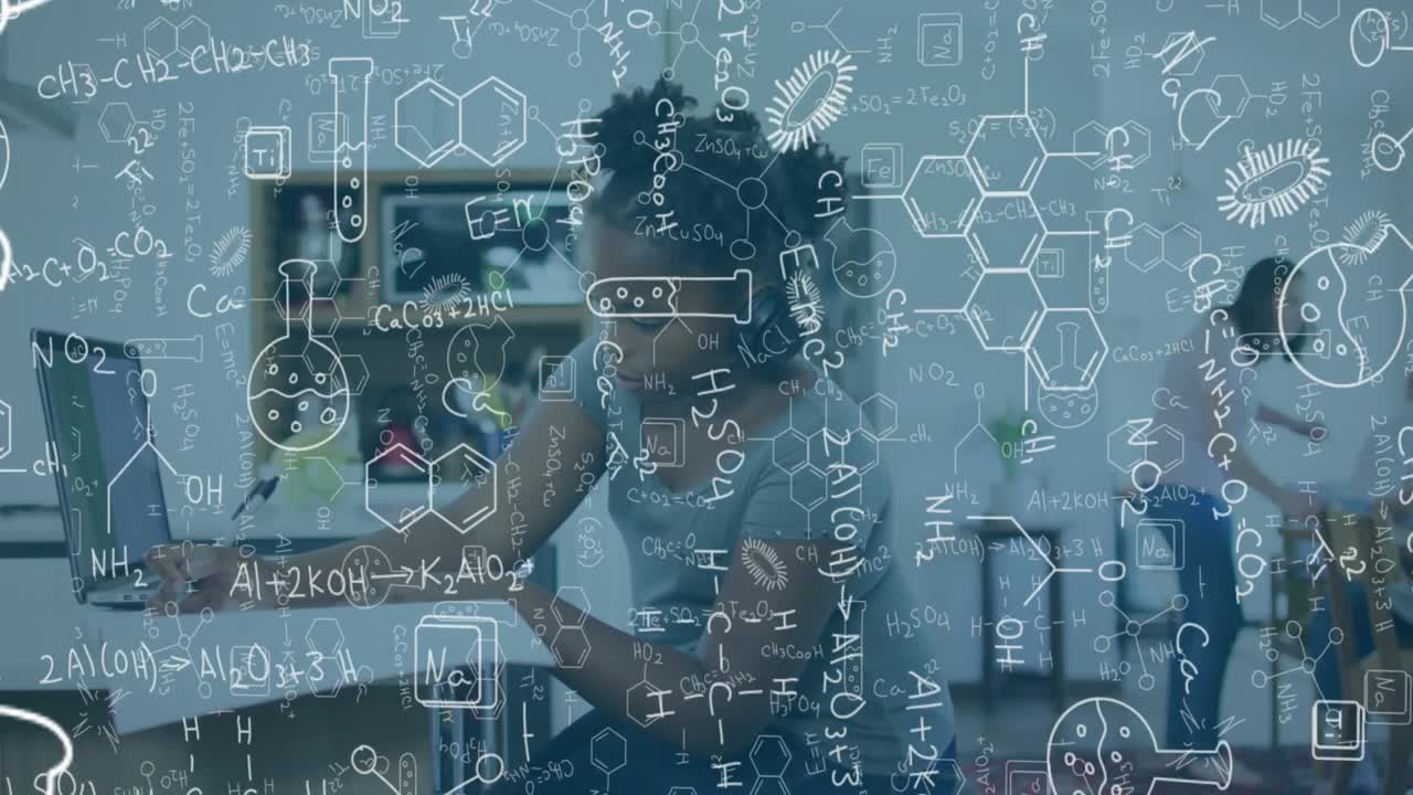 Scientist typing on laptop showing molecules and noting findings while glancing aside for research