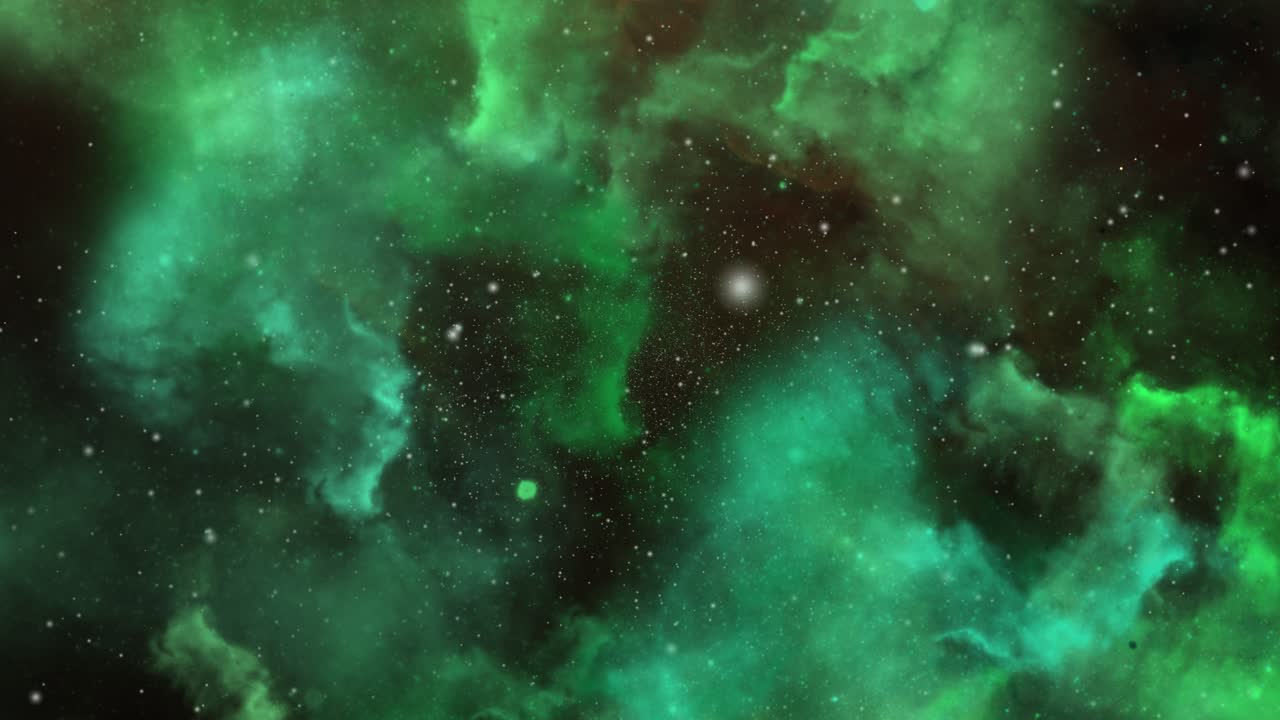 punto de vista, entrando en el espacio de la nube nebulosa verde flotando en el universo