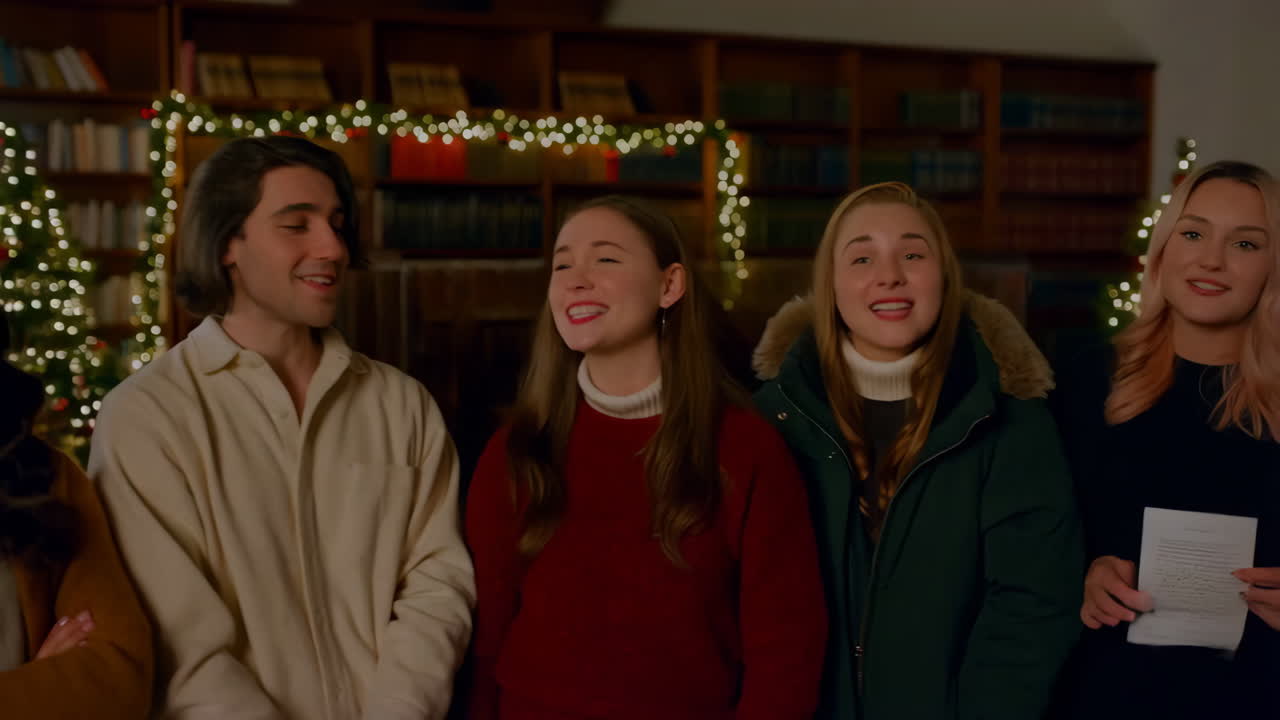 Young Adults Singing Christmas Carols in a Festive Library