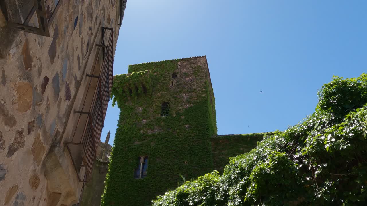Torre de Sande in C&aacute;ceres: Ivy-clad stone tower and rustic town alley