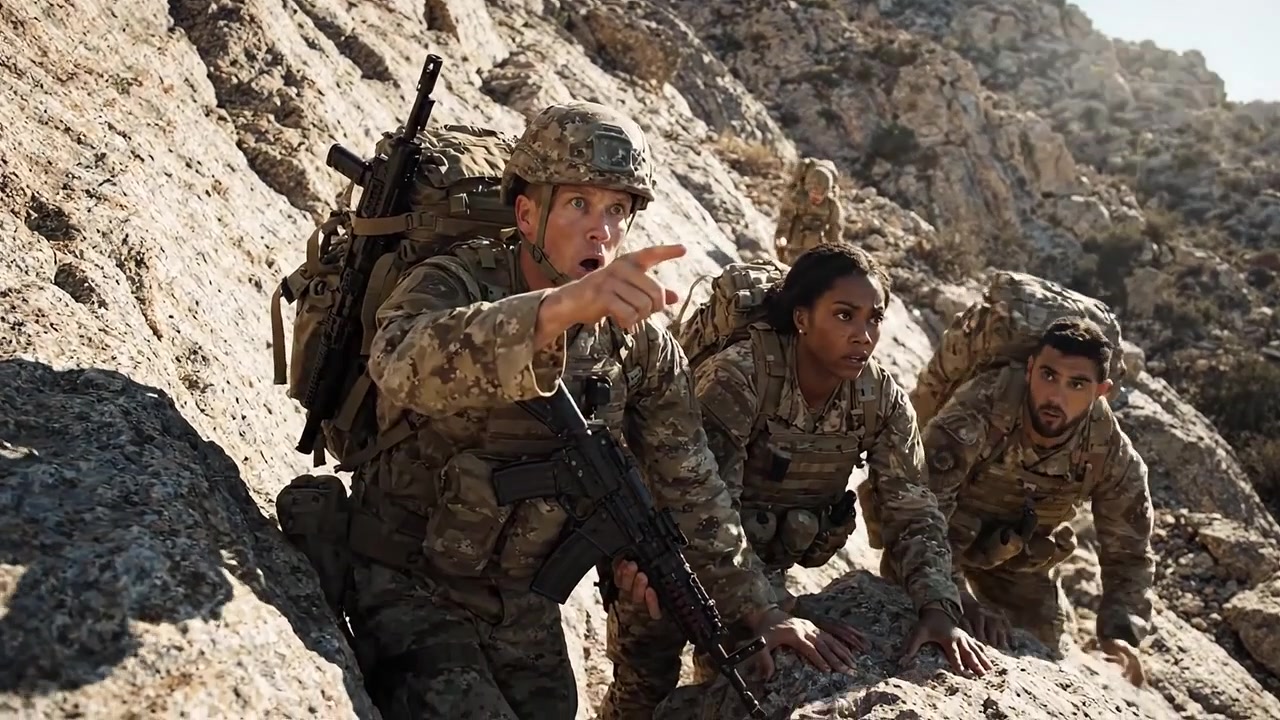 Soldati scalano terreno roccioso in un'esercitazione di addestramento militare, dimostrando lavoro di squadra, forza e abilità strategiche in condizioni impegnative.