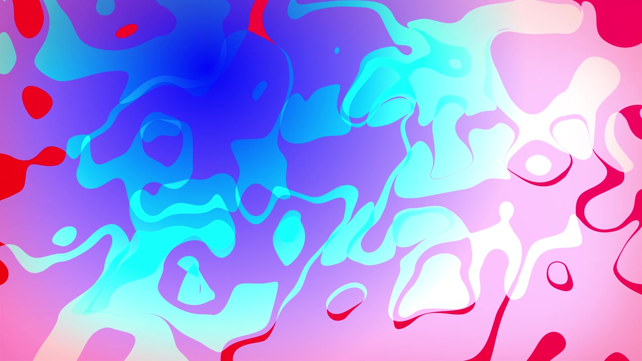 Fundo animado 2D de bolhas de fluido abstratas fluindo e formas líquidas em camadas que se transformam, com efeitos visuais de motion graphics e arte digital padronizada em tons vibrantes e rodopiantes de rosa, vermelho e azul.