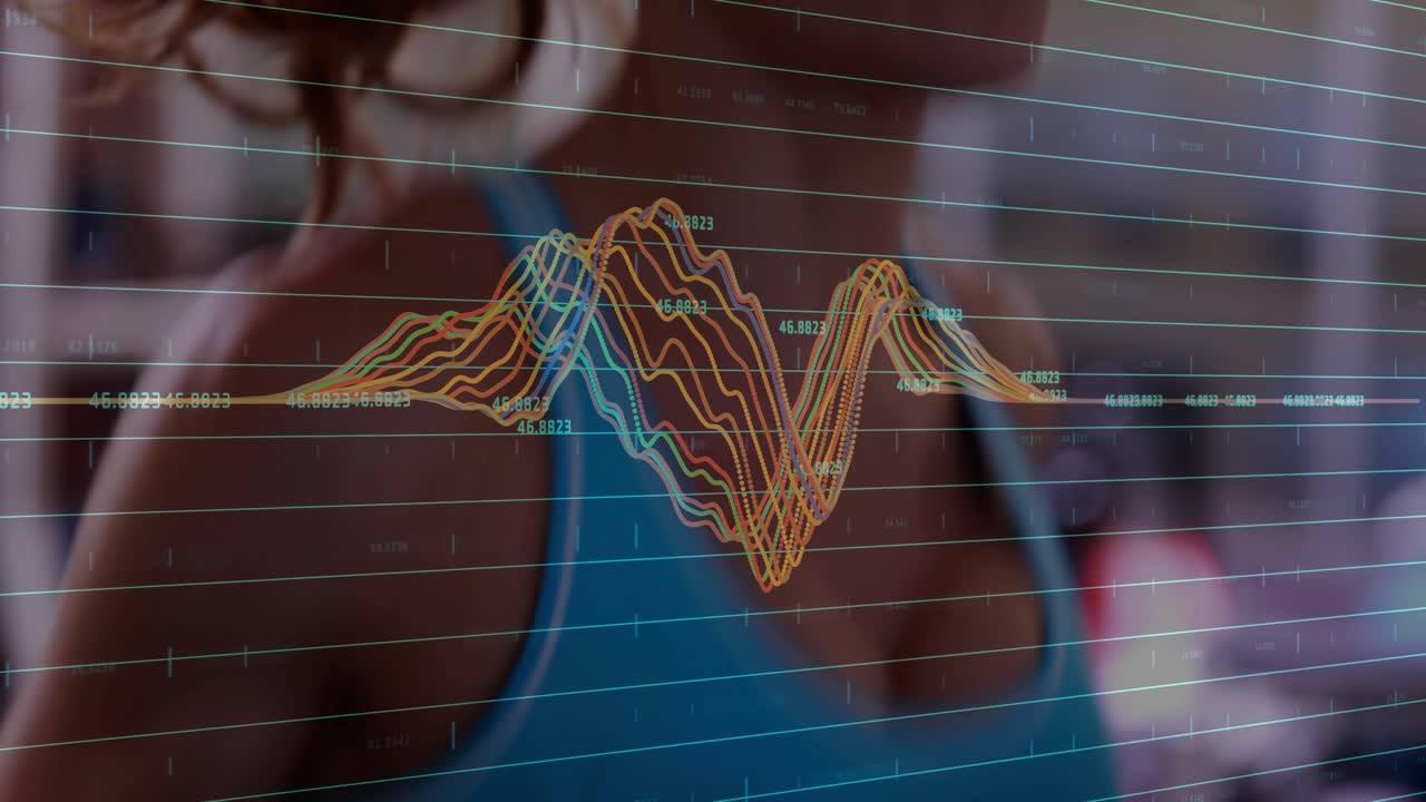 Woman adjusting teal top in bedroom, colorful waveform and grid syncing with movement for fitness