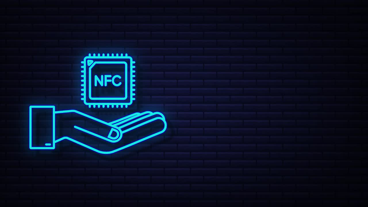 손이 있는 네온 nfc 프로세서 아이콘, nfc, 근거리 현장 통신, 모션 그래픽