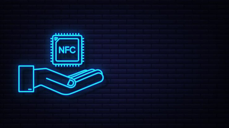 Неоновая иконка NFC-процессора с руками. NFC-чип. Ближняя бесконтактная связь. Моушн-графика.