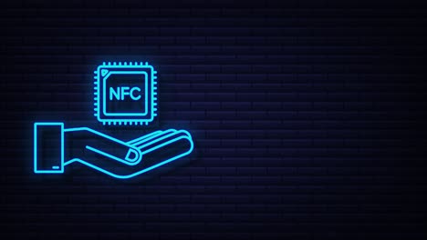 neon nfc processor icon with hands. nfc chip. near field communication. motion graphic