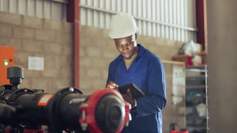 tablet, industry and machinery with a black man