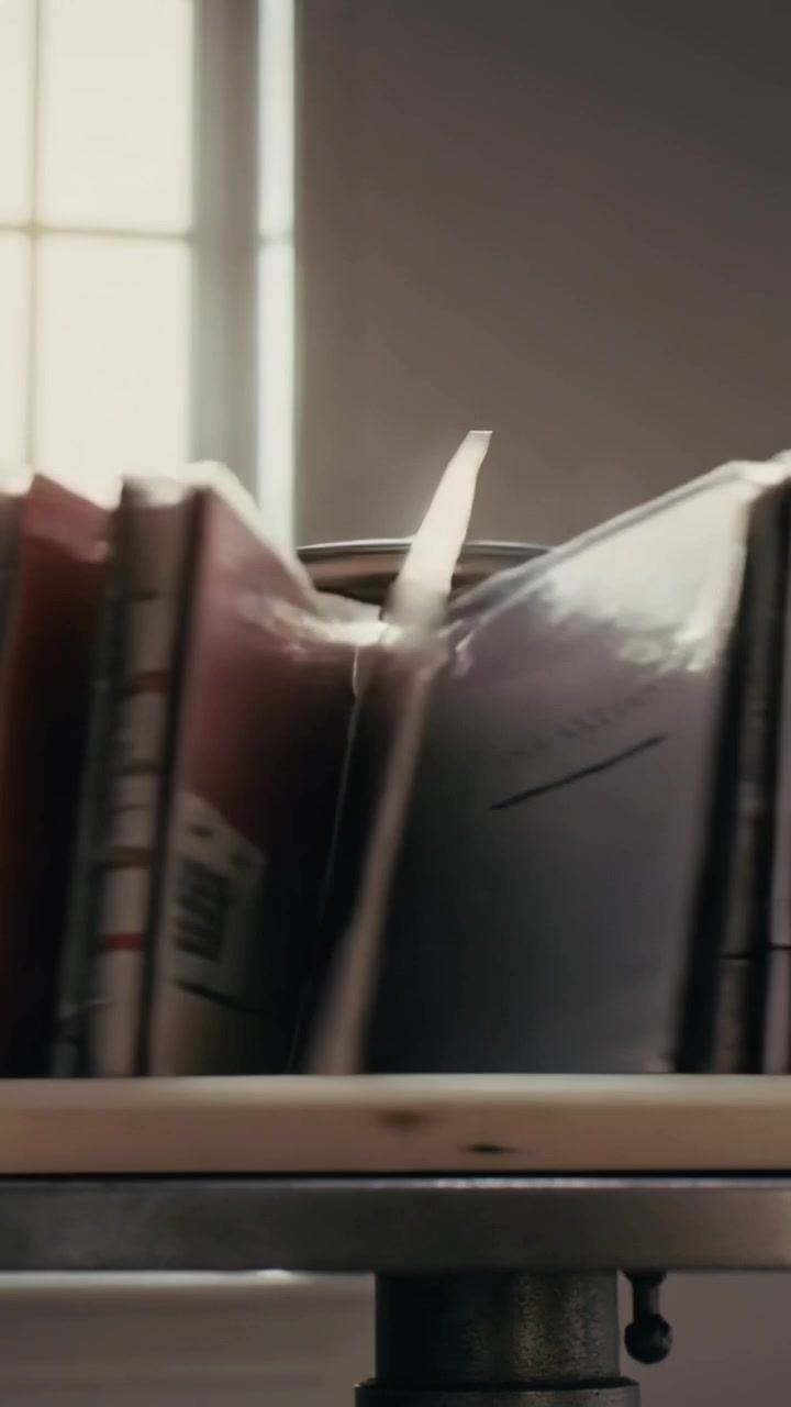 Vertical video: Shifting sleeves rippling left center on low shelf under window, orange contacting