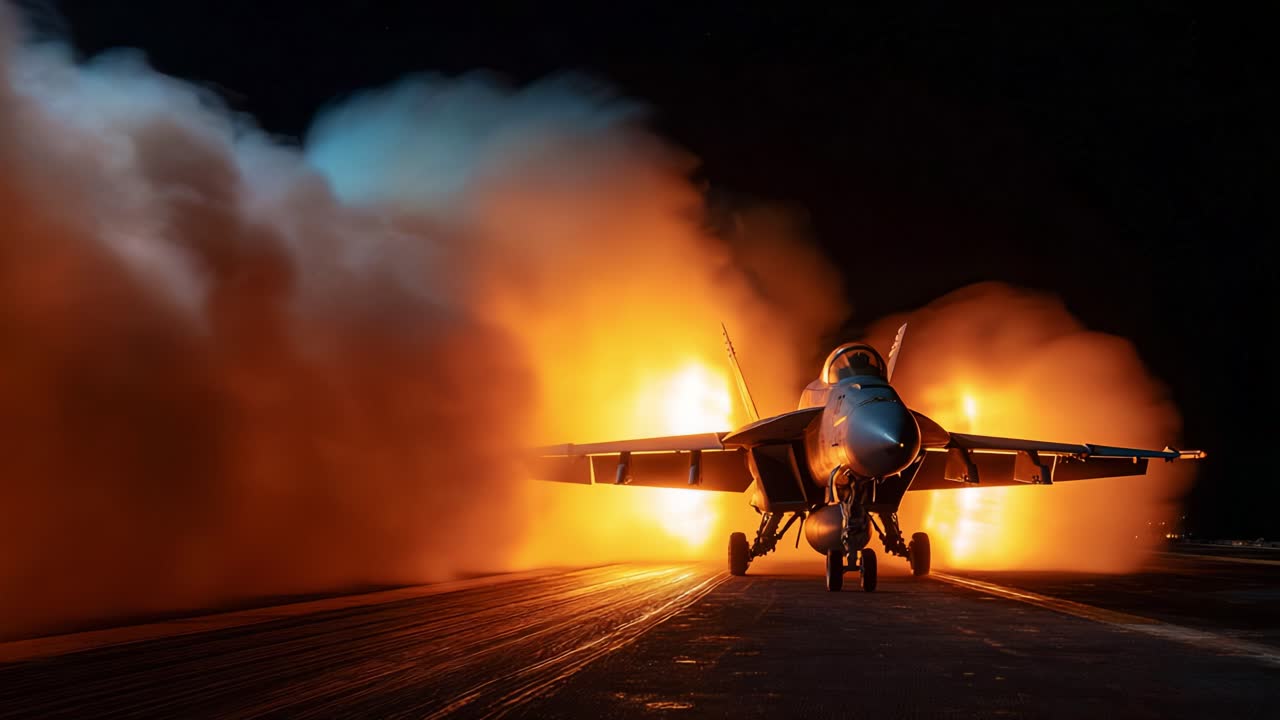 A powerful fighter jet takes off into the night sky, surrounded by vibrant flames and smoke, showcasing military prowess and the thrill of aviation in dramatic lighting