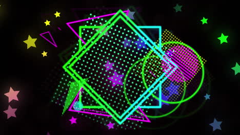 estrellas del arco iris animadas y formas coloridas en una danza hipnótica en negro.