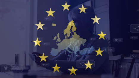 animation of european union flag stars spinning and map of europe over woman using smartphone