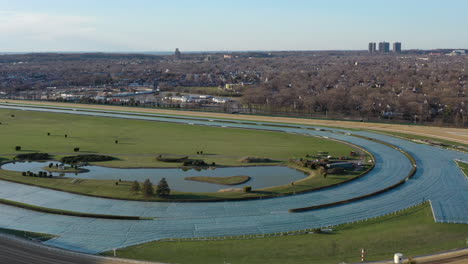 an aerial view over a horse race track on a sunny day, while it was closed for renovations