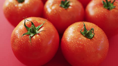 Video-of-close-up-of-fresh-red-tomatoes-on-pink-background