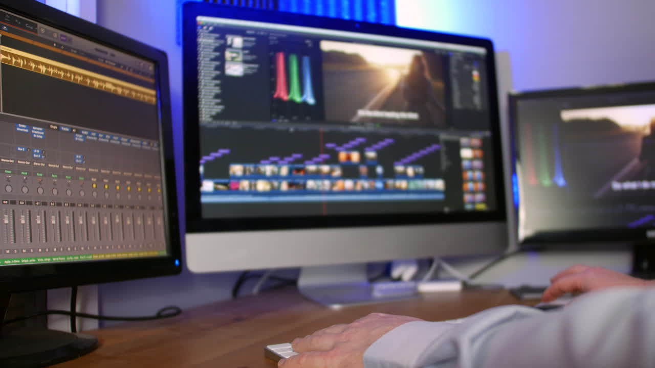 A man working as an editor in a media studio editing video and audio on multiple screens