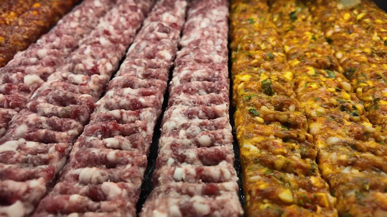 Different types of raw kebab meat
