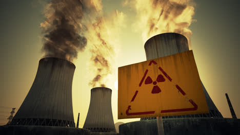 nuclear power plant caution sign and barbed wire mounted at the foot of three large tall cement chimneys exhausting smoke and fumes into the atmosphere, sunset.