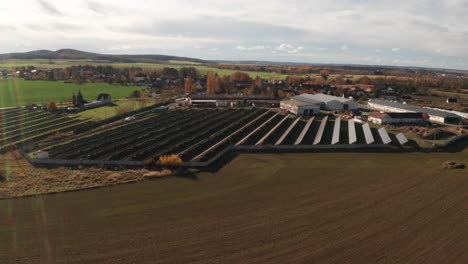 rows of solar panels producing ecological and sustainable energy, aerial view