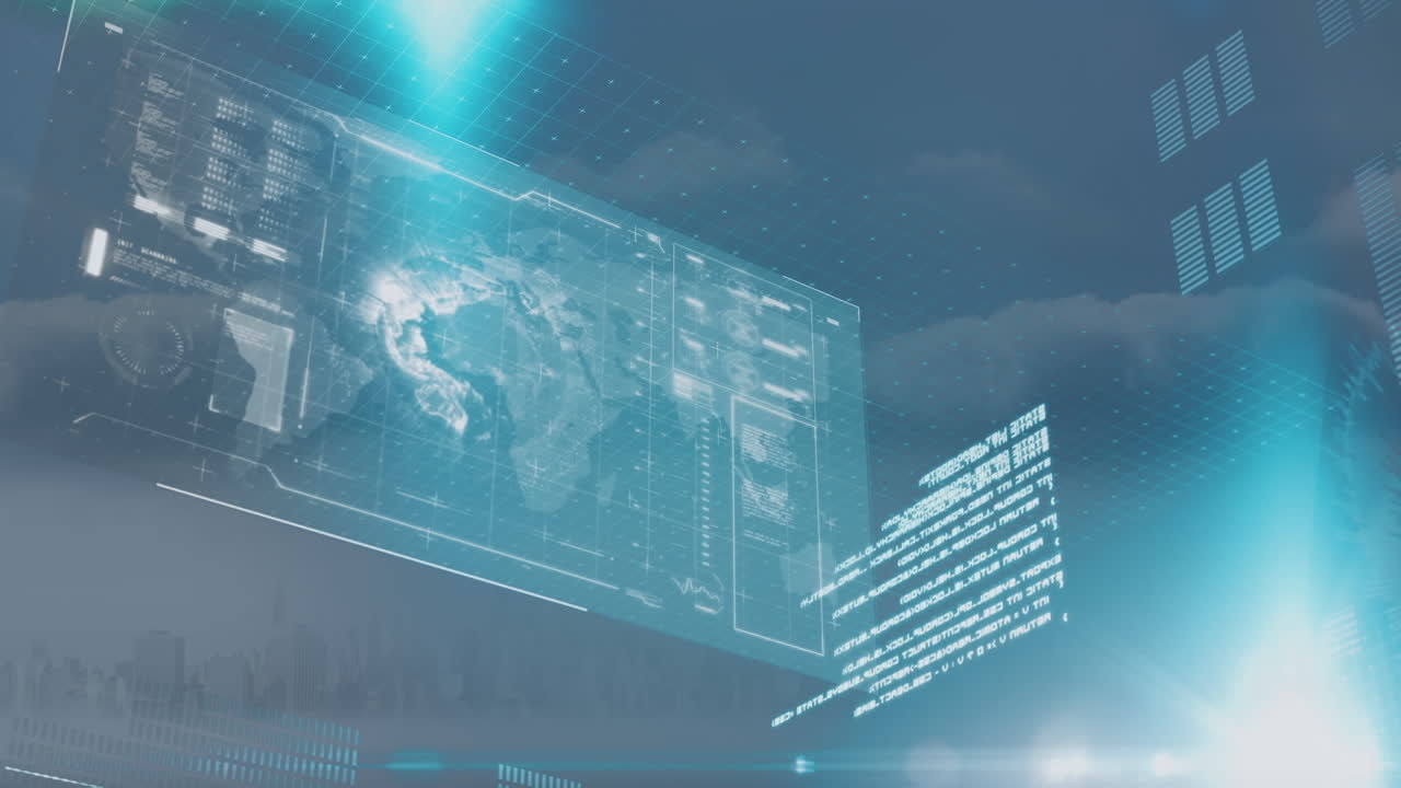 도시 풍경 위의 데이터 처리 애니메이션