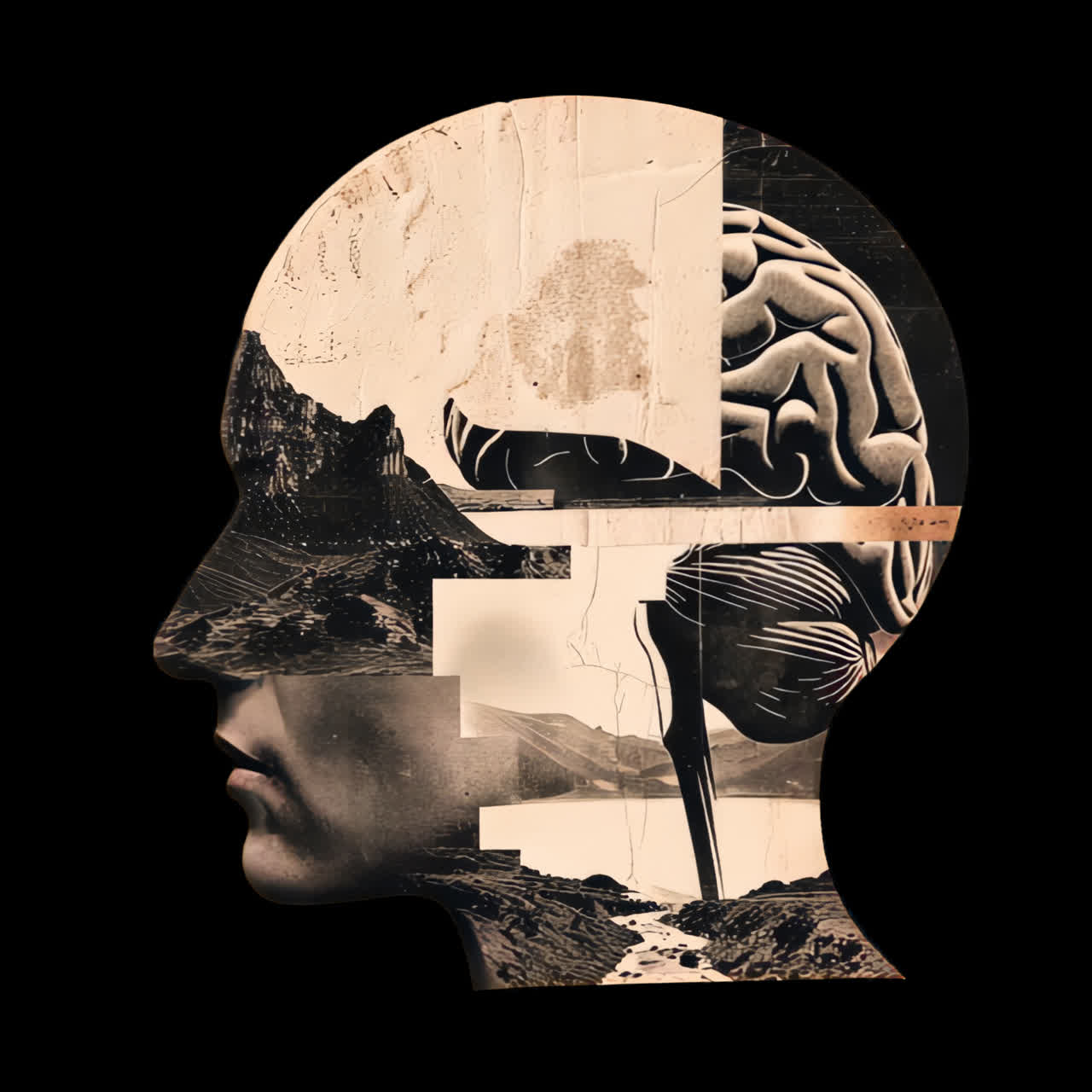 Surreal brain collage animation isolated asset, transparent 4K video, alpha channel, ProRes 4444