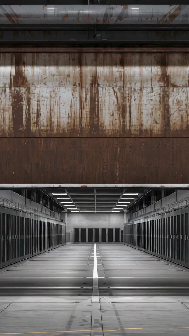 Vertical video: Engaging motor, rusted rollup shutter lifting and revealing service bay for access