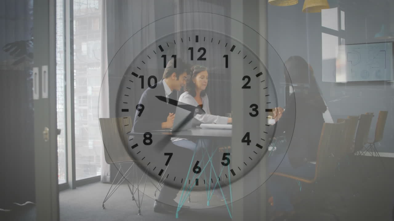 Clock animation overlaying business meeting in modern conference room setting