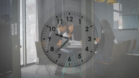 clock animation overlaying business meeting in modern conference room setting