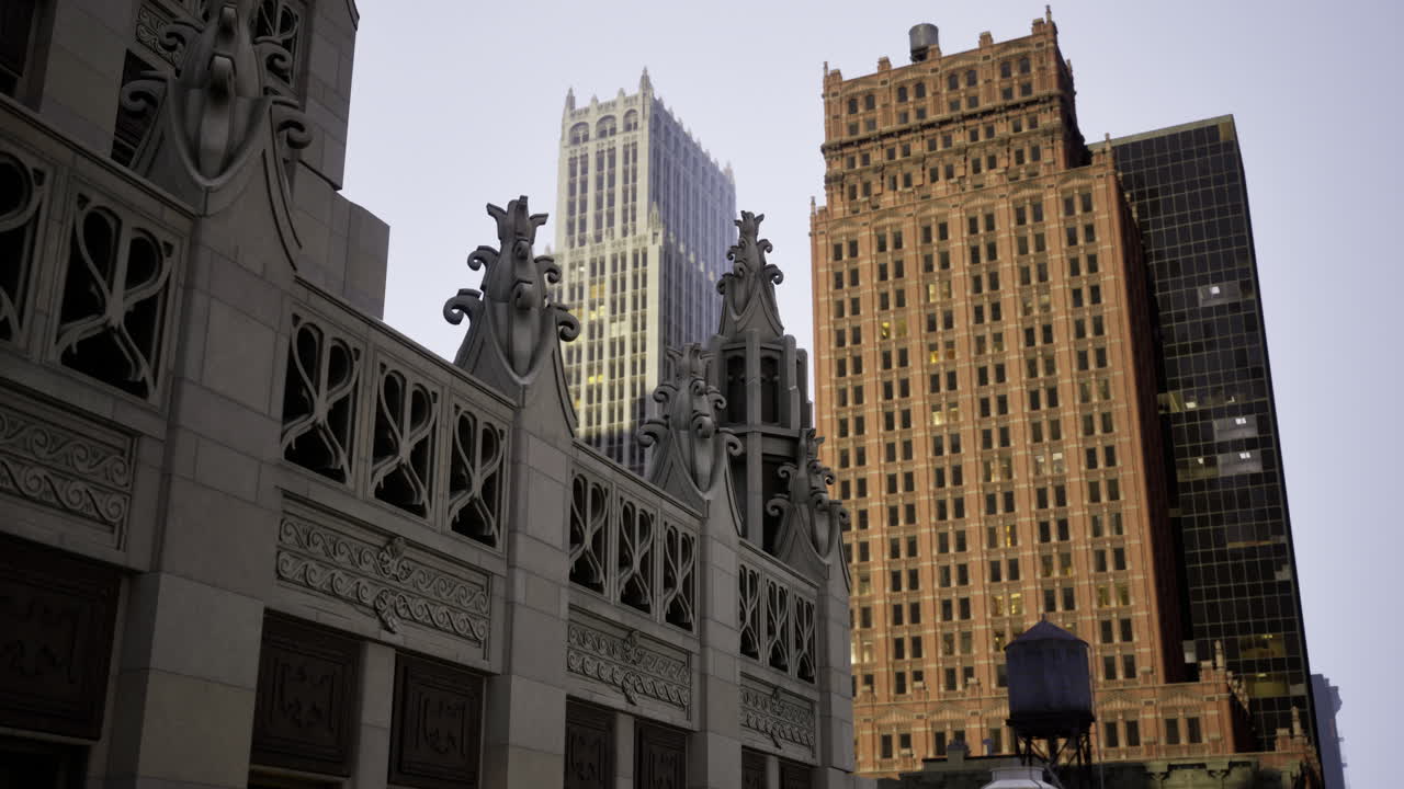 City skyline contrasting historic and modern architecture