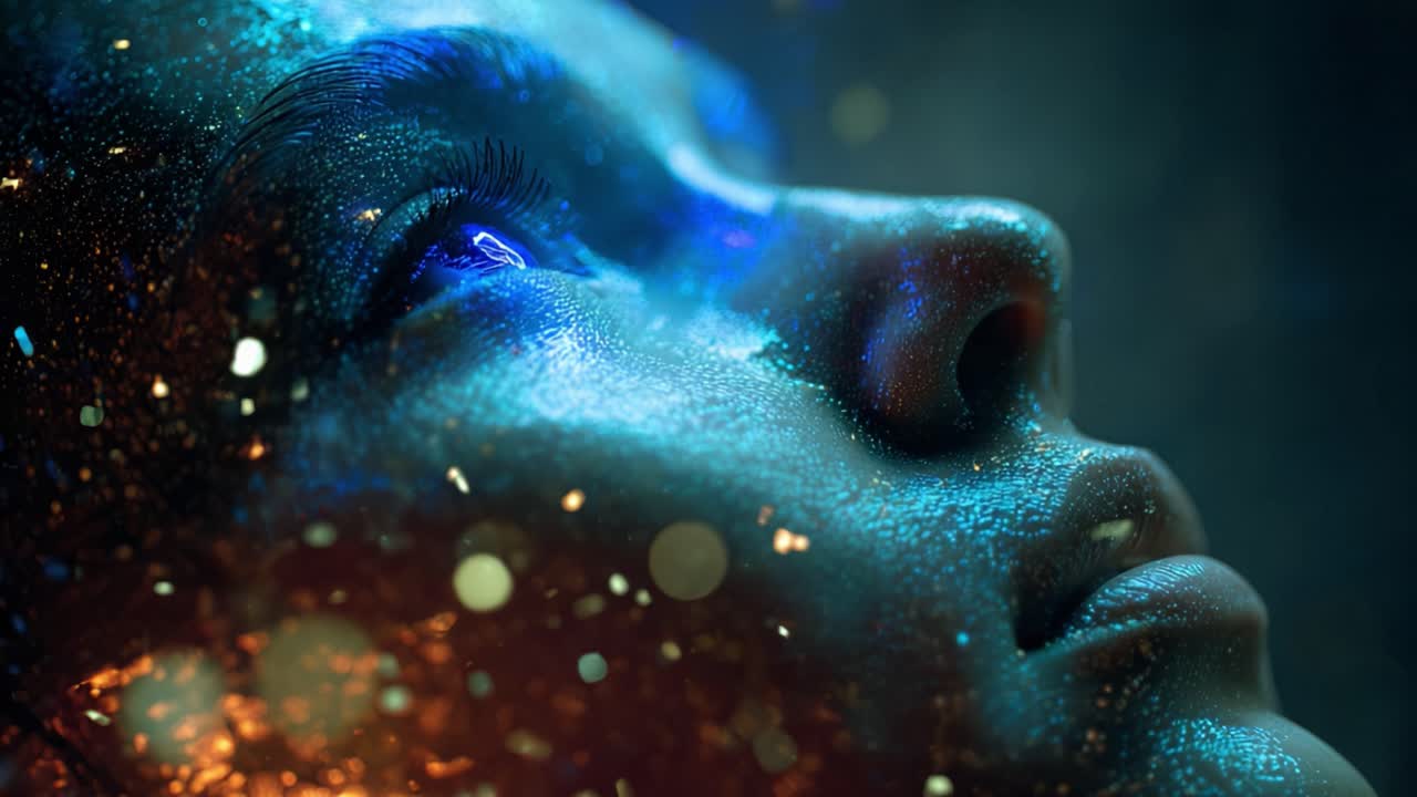 Beautiful woman's face covered in sparkling blue and gold glitter looking up with glowing eyes, surrounded by glowing golden bokeh lights in an ethereal and futuristic fashion concept