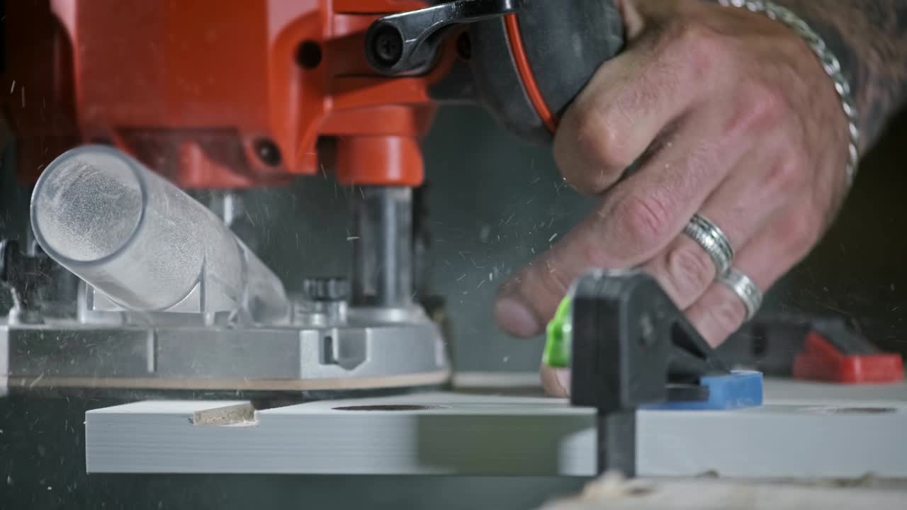 мельница режущая деревянную доску. крупный план мельницы в работе