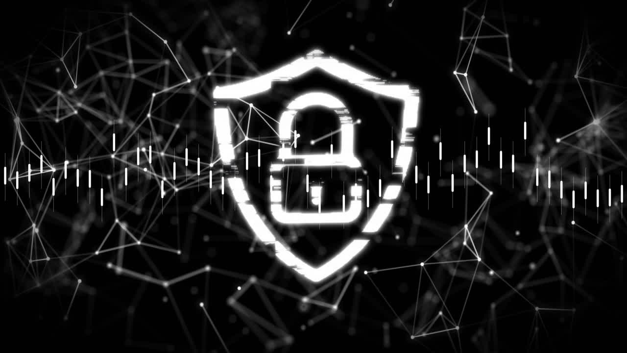 Glitching shield icon floating in digital network, showing equalizer bars and glowing nodes