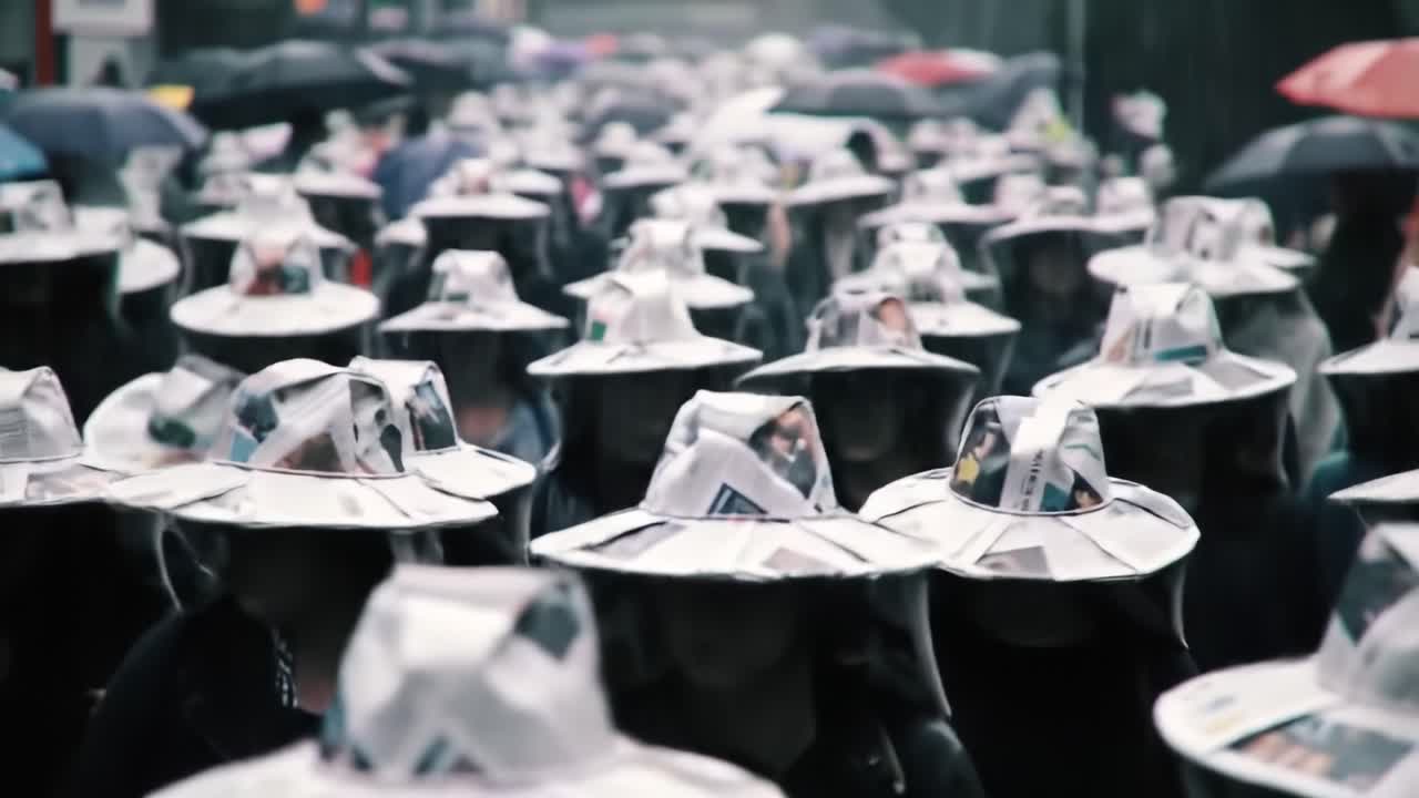 People in a Protest March Wearing Newspaper Hats