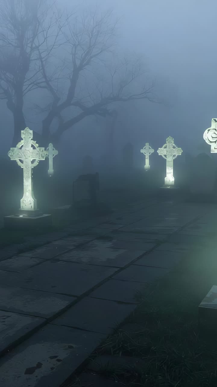 Vertical video: Fog rising camera panning revealing glowing crosses, gnarled tree on graveyard path