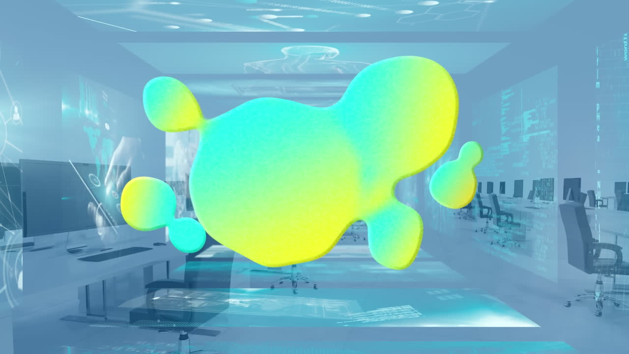 빛나는 블롭의 애니메이션과 빈 사무실 위의 스크린에서 데이터 처리