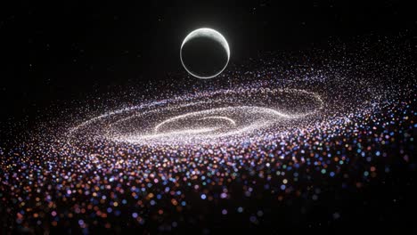 a captivating cosmic dance: the ethereal beauty of a spiral galaxy surrounded by a mesmerizing starfield and a luminous crescent moon