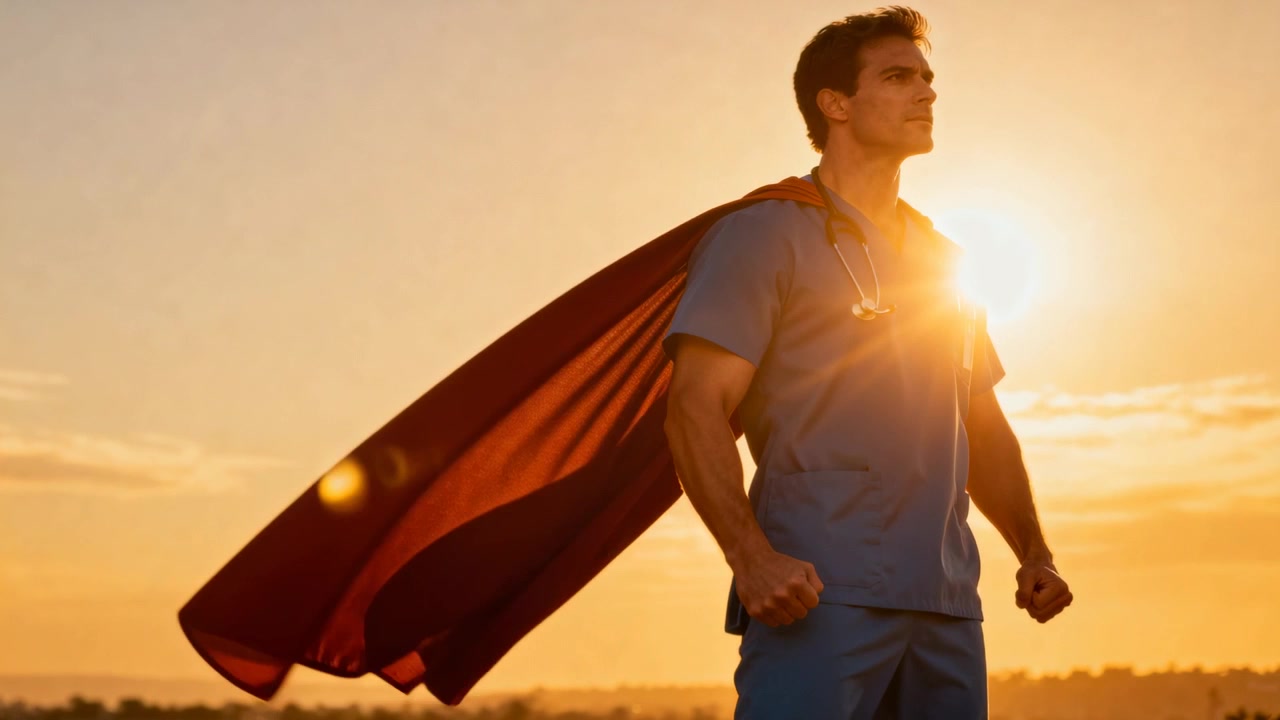 Medico eroe in posa, sullo sfondo skyline al tramonto, con la brezza che solleva il mantello rosso, indossa camice blu e stetoscopio, spazio per il testo.