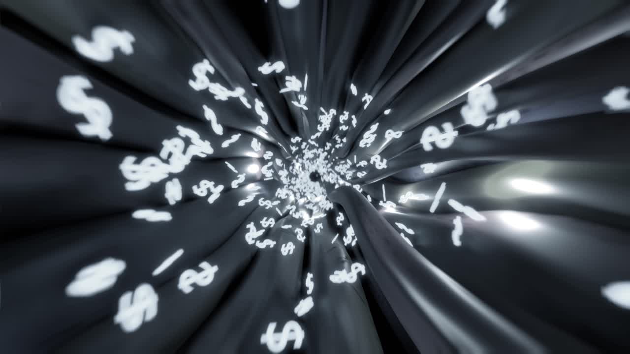 los cables, los cables, el signo del dólar, el vuelo a través de los datos, internet, el circuito de energía, la fibra 4k.