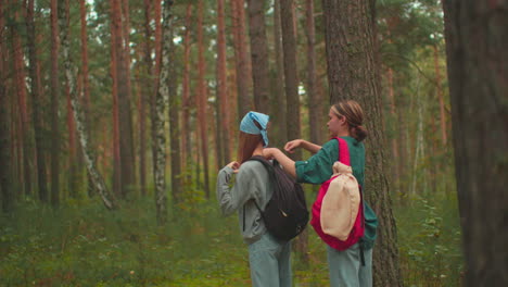 hikers in a tranquil forest, one in a red backpack helps her friend wearing a blue bandana with a black bag, the friend smiles back at her, and they walk together through tall trees