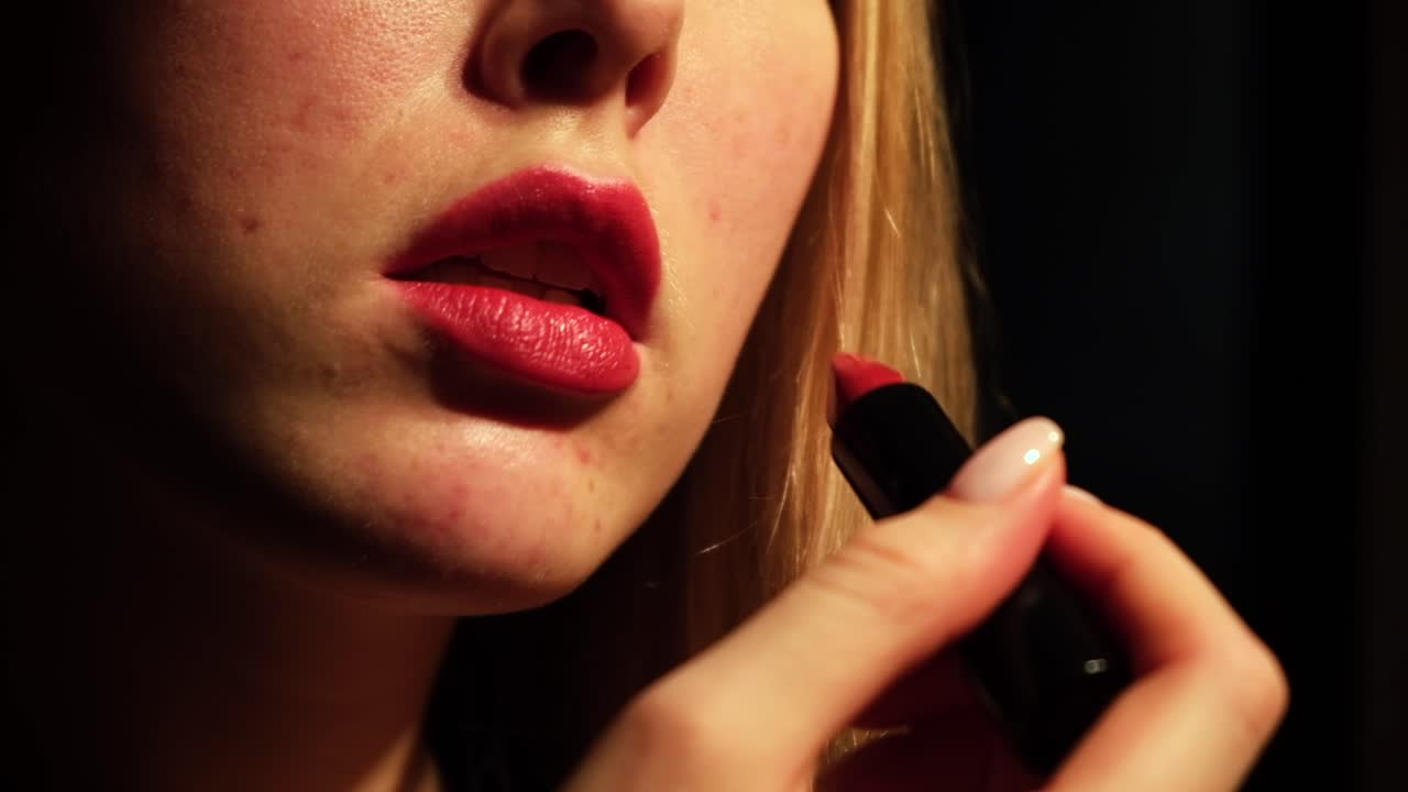 Женщина наносит помаду.